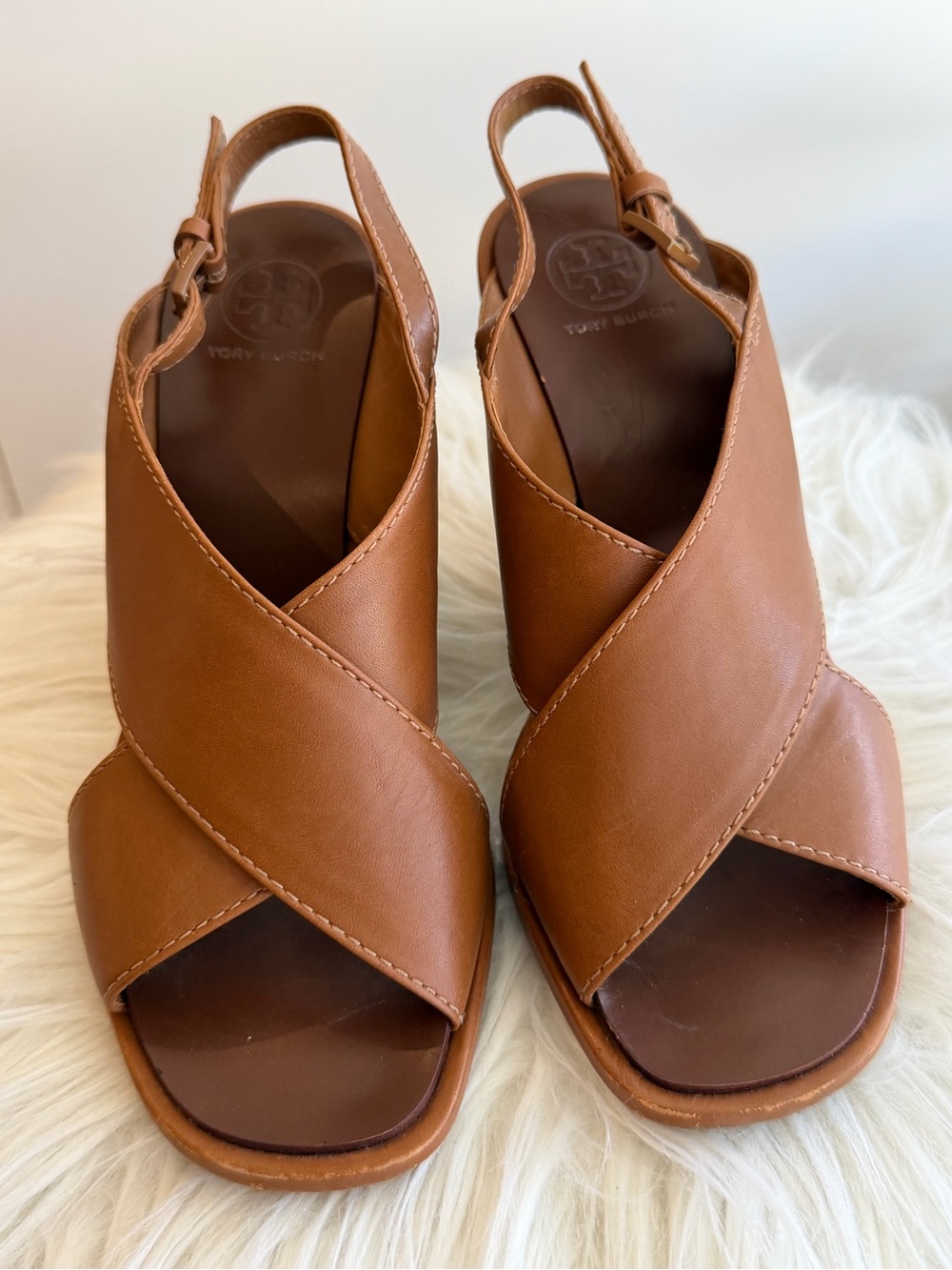 Tory Burch Tan Leather Crisscross Wedge Sandals